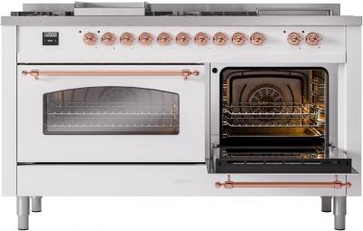 60" ILVE Nostalgie II Dual Fuel Natural Gas Freestanding Range in White with Copper Trim - UP60FSNMP/WHP NG