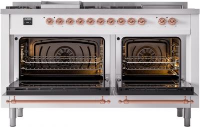 60" ILVE Nostalgie II Dual Fuel Natural Gas Freestanding Range in White with Copper Trim - UP60FSNMP/WHP NG