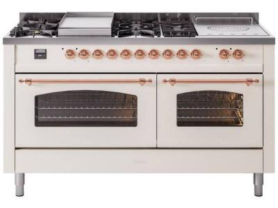 60" ILVE Nostalgie II Dual Fuel Natural Gas Freestanding Range in Antique White with Copper Trim - UP60FSNMP/AWP NG