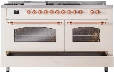 60" ILVE Nostalgie II Dual Fuel Natural Gas Freestanding Range in Antique White with Copper Trim - UP60FSNMP/AWP NG