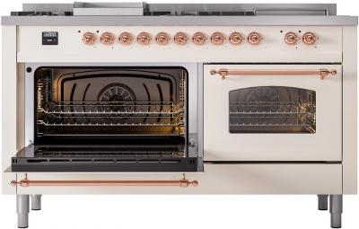 60" ILVE Nostalgie II Dual Fuel Natural Gas Freestanding Range in Antique White with Copper Trim - UP60FSNMP/AWP NG