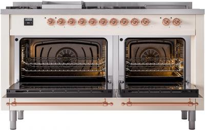 60" ILVE Nostalgie II Dual Fuel Natural Gas Freestanding Range in Antique White with Copper Trim - UP60FSNMP/AWP NG