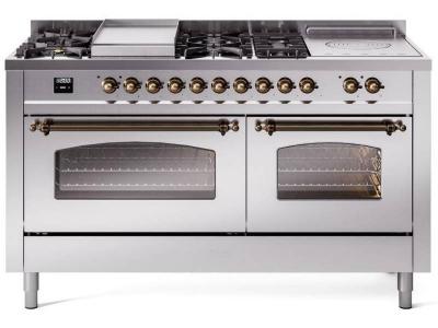 60" ILVE Nostalgie II Dual Fuel Natural Gas Freestanding Range in Stainless Steel with Bronze Trim - UP60FSNMPSSB