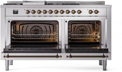 60" ILVE Nostalgie II Dual Fuel Natural Gas Freestanding Range in Stainless Steel with Bronze Trim - UP60FSNMPSSB