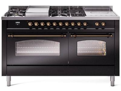 60" ILVE Nostalgie II Dual Fuel Natural Gas Freestanding Range in Glossy Black with Bronze Trim - UP60FSNMP/BKB NG