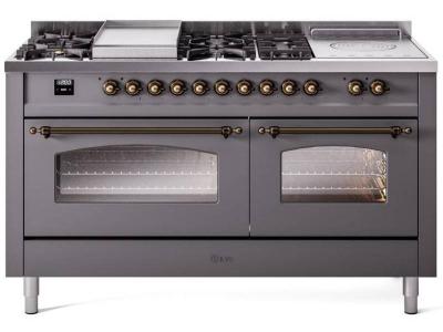 60" ILVE Nostalgie II Dual Fuel Natural Gas Freestanding Range in Matte Graphite with Bronze Trim - UP60FSNMP/MGB NG