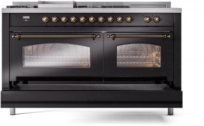 60" ILVE Nostalgie II Dual Fuel Natural Gas Freestanding Range in Glossy Black with Bronze Trim - UP60FSNMP/BKB NG