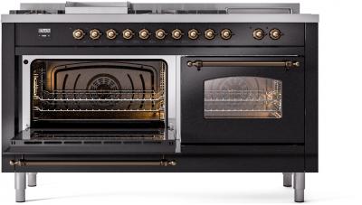 60" ILVE Nostalgie II Dual Fuel Natural Gas Freestanding Range in Glossy Black with Bronze Trim - UP60FSNMP/BKB NG