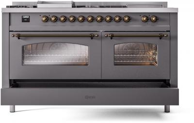 60" ILVE Nostalgie II Dual Fuel Natural Gas Freestanding Range in Matte Graphite with Bronze Trim - UP60FSNMP/MGB NG