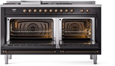 60" ILVE Nostalgie II Dual Fuel Natural Gas Freestanding Range in Glossy Black with Bronze Trim - UP60FSNMP/BKB NG