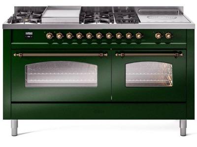 60" ILVE Nostalgie II Dual Fuel Natural Gas Freestanding Range in Emerald Green with Bronze Trim - UP60FSNMP/EGB NG