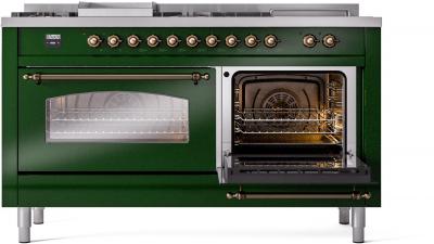 60" ILVE Nostalgie II Dual Fuel Natural Gas Freestanding Range in Emerald Green with Bronze Trim - UP60FSNMP/EGB NG