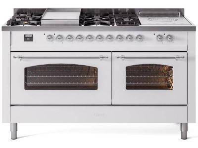 60" ILVE Nostalgie II Dual Fuel Natural Gas Freestanding Range in White with Chrome Trim - UP60FSNMP/WHC NG