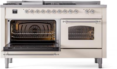 60" ILVE Nostalgie II Dual Fuel Natural Gas Freestanding Range in Antique White with Chrome Trim - UP60FSNMP/AWC NG