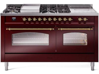 60" ILVE Nostalgie II Dual Fuel Liquid Propane Freestanding Range in  Burgundy with Brass Trim - UP60FSNMP/BUG LP