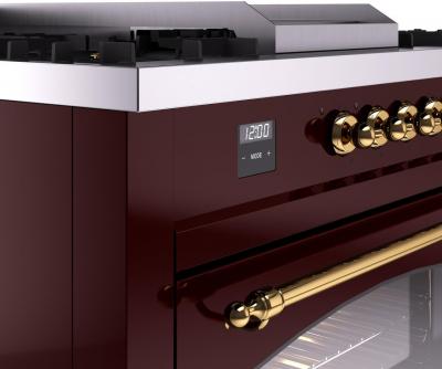 60" ILVE Nostalgie II Dual Fuel Liquid Propane Freestanding Range in  Burgundy with Brass Trim - UP60FSNMP/BUG LP