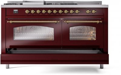 60" ILVE Nostalgie II Dual Fuel Liquid Propane Freestanding Range in  Burgundy with Brass Trim - UP60FSNMP/BUG LP