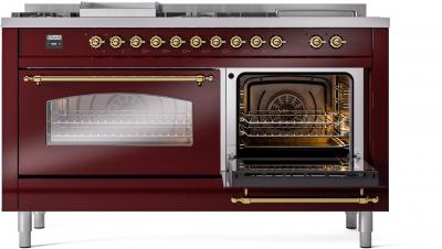 60" ILVE Nostalgie II Dual Fuel Liquid Propane Freestanding Range in  Burgundy with Brass Trim - UP60FSNMP/BUG LP