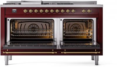 60" ILVE Nostalgie II Dual Fuel Liquid Propane Freestanding Range in  Burgundy with Brass Trim - UP60FSNMP/BUG LP