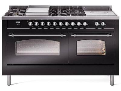 60" ILVE Nostalgie II Dual Fuel Liquid Propane Freestanding Range in Glossy Black with Chrome Trim - UP60FSNMP/BKC LP