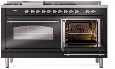 60" ILVE Nostalgie II Dual Fuel Liquid Propane Freestanding Range in Glossy Black with Chrome Trim - UP60FSNMP/BKC LP