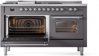 60" ILVE Nostalgie II Dual Fuel Liquid Propane Freestanding Range in Matte Graphite with Chrome Trim - UP60FSNMP/MGC LP