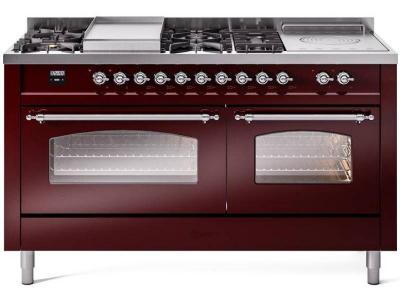 60" ILVE Nostalgie II Dual Fuel Liquid Propane Freestanding Range in Burgundy with Chrome Trim - UP60FSNMP/BUC LP