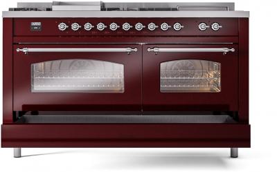 60" ILVE Nostalgie II Dual Fuel Liquid Propane Freestanding Range in Burgundy with Chrome Trim - UP60FSNMP/BUC LP