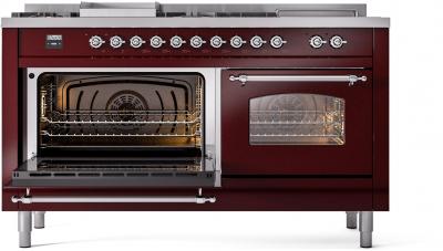 60" ILVE Nostalgie II Dual Fuel Liquid Propane Freestanding Range in Burgundy with Chrome Trim - UP60FSNMP/BUC LP