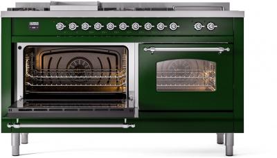 60" ILVE Nostalgie II Dual Fuel Liquid Propane Freestanding Range in Emerald Green with Chrome Trim - UP60FSNMP/EGC LP