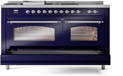 60" ILVE Nostalgie II Dual Fuel Liquid Propane Freestanding Range in Blue with Chrome Trim - UP60FSNMP/MBC LP