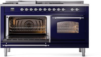 60" ILVE Nostalgie II Dual Fuel Liquid Propane Freestanding Range in Blue with Chrome Trim - UP60FSNMP/MBC LP