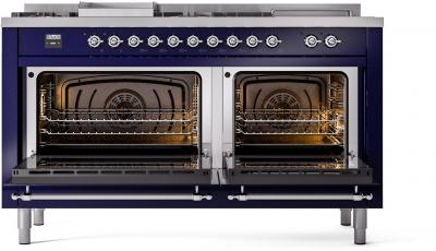 60" ILVE Nostalgie II Dual Fuel Liquid Propane Freestanding Range in Blue with Chrome Trim - UP60FSNMP/MBC LP