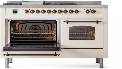 60" ILVE Nostalgie II Dual Fuel Liquid Propane Freestanding Range in Antique White with Bronze Trim - UP60FSNMP/AWB LP