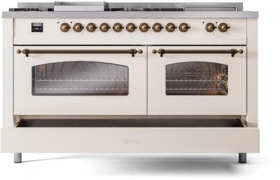 60" ILVE Nostalgie II Dual Fuel Liquid Propane Freestanding Range in Antique White with Bronze Trim - UP60FSNMP/AWB LP