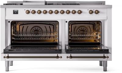 60" ILVE Nostalgie II Dual Fuel Liquid Propane Freestanding Range in White with Bronze Trim - UP60FSNMP/WHB LP