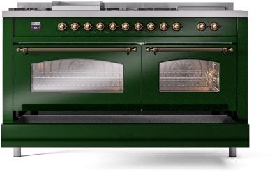 60" ILVE Nostalgie II Dual Fuel Liquid Propane Freestanding Range in Emerald Green with Bronze Trim - UP60FSNMP/EGB LP