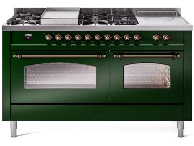 60" ILVE Nostalgie II Dual Fuel Liquid Propane Freestanding Range in Emerald Green with Bronze Trim - UP60FSNMP/EGB LP