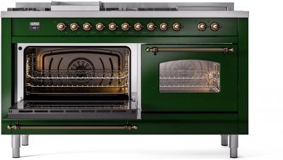 60" ILVE Nostalgie II Dual Fuel Liquid Propane Freestanding Range in Emerald Green with Bronze Trim - UP60FSNMP/EGB LP