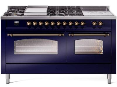 60" ILVE Nostalgie II Dual Fuel Liquid Propane Freestanding Range in Blue with Bronze Trim - UP60FSNMP/MBB LP