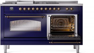 60" ILVE Nostalgie II Dual Fuel Liquid Propane Freestanding Range in Blue with Bronze Trim - UP60FSNMP/MBB LP