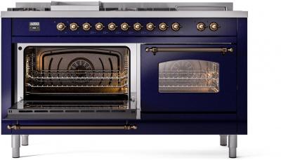 60" ILVE Nostalgie II Dual Fuel Liquid Propane Freestanding Range in Blue with Bronze Trim - UP60FSNMP/MBB LP