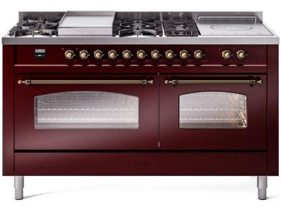 60" ILVE Nostalgie II Dual Fuel Liquid Propane Freestanding Range in Burgundy with Bronze Trim - UP60FSNMP/BUB LP