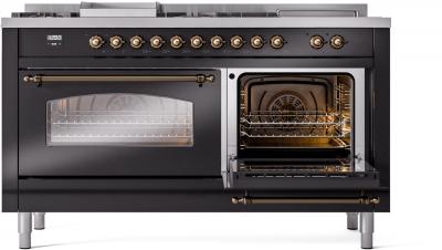 60" ILVE Nostalgie II Dual Fuel Liquid Propane Freestanding Range in Glossy Black with Bronze Trim - UP60FSNMP/BKB LP