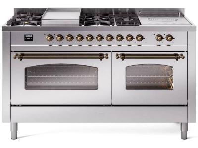 60" ILVE Nostalgie II Dual Fuel Liquid Propane Freestanding Range in Stainless Steel with Bronze Trim - UP60FSNMP/SSB LP