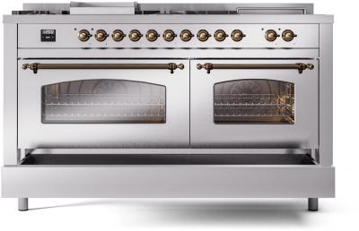 60" ILVE Nostalgie II Dual Fuel Liquid Propane Freestanding Range in Stainless Steel with Bronze Trim - UP60FSNMP/SSB LP