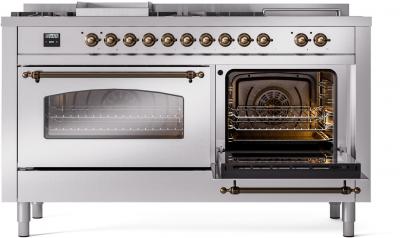 60" ILVE Nostalgie II Dual Fuel Liquid Propane Freestanding Range in Stainless Steel with Bronze Trim - UP60FSNMP/SSB LP