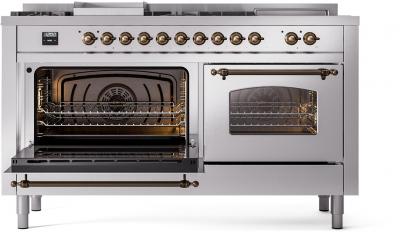 60" ILVE Nostalgie II Dual Fuel Liquid Propane Freestanding Range in Stainless Steel with Bronze Trim - UP60FSNMP/SSB LP