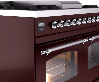 40" ILVE Nostalgie II Dual Fuel Natural Gas Freestanding Range in Burgundy with Chrome Trim - UPD40FNMP/BUC NG