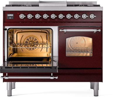 40" ILVE Nostalgie II Dual Fuel Natural Gas Freestanding Range in Burgundy with Chrome Trim - UPD40FNMP/BUC NG